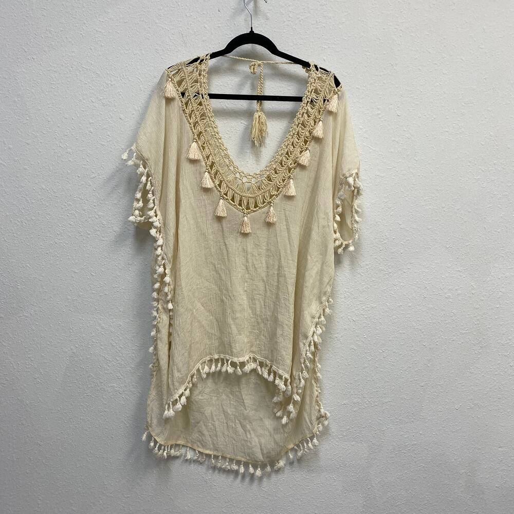 Women's Boho Sheer Hi-Lo Cover Up with Crochet & Tassel Trim Ivory OS